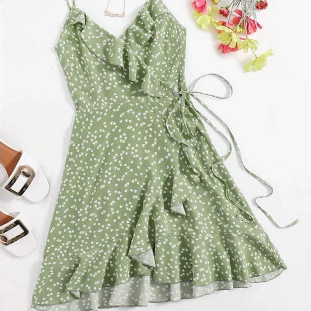 SheIn Allover Heart Print Ruffle Detail Wrap Dress